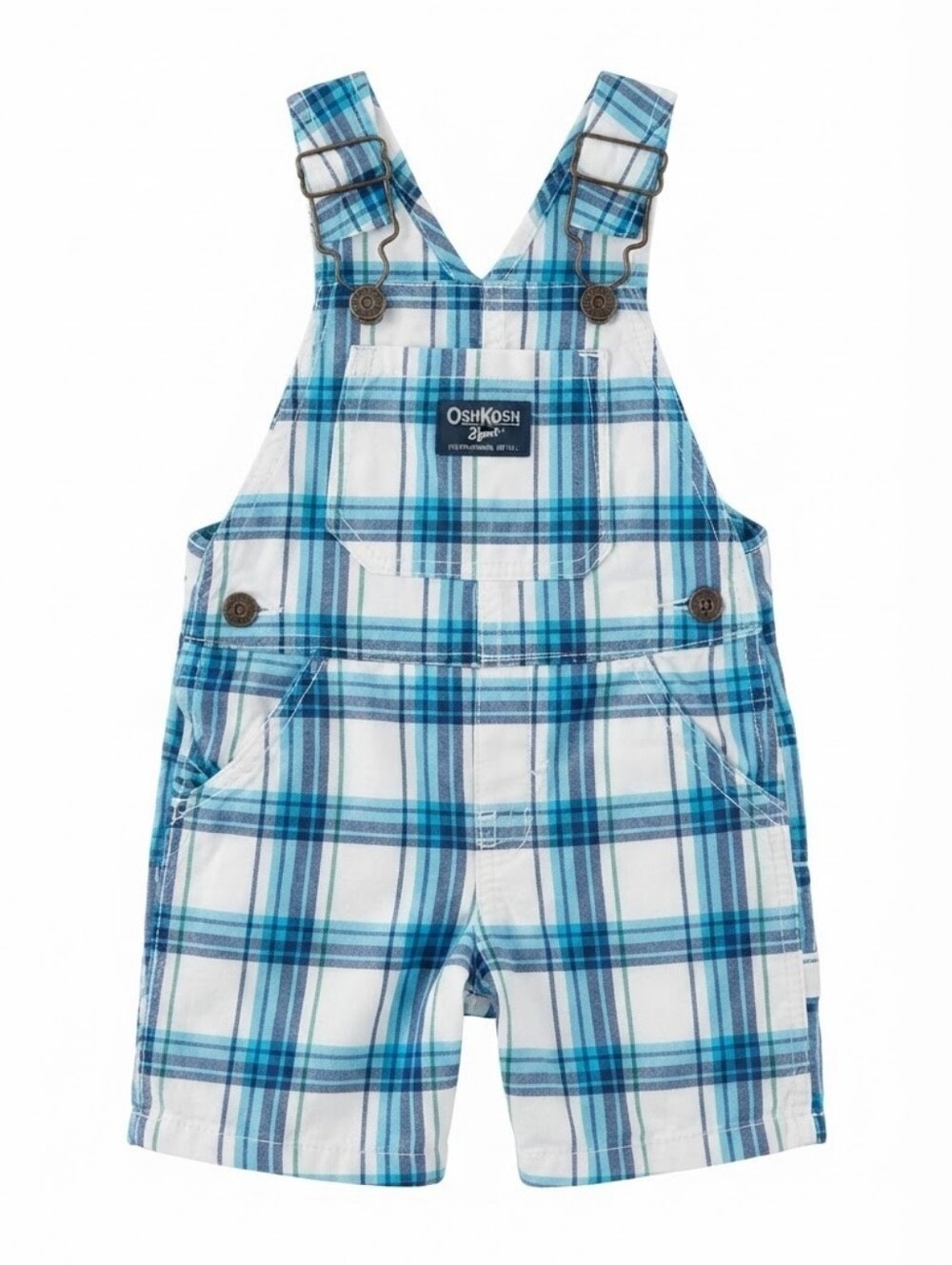 OshKosh B'gosh Baby Plaid Overalls Shorts Boys 9 Months Blue White Snap Closure
